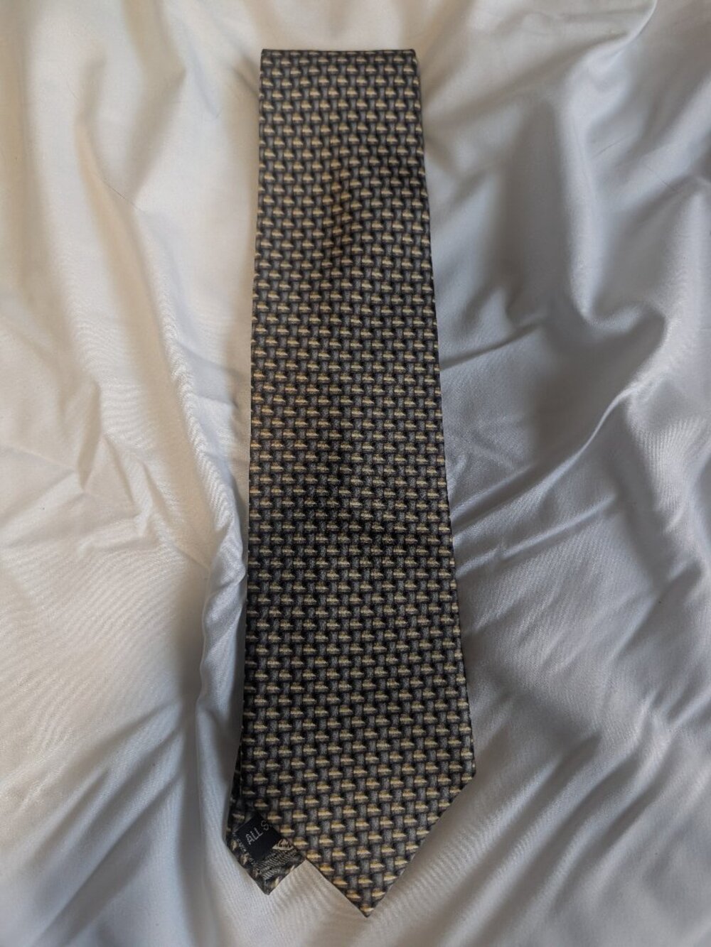 Raphael Roma Milano 100% Silk Men's Necktie Gray Gold Geometric Basket Weave Han